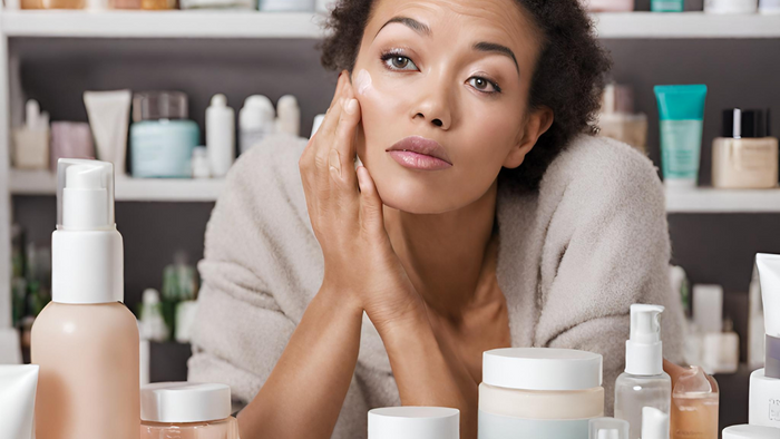 a woman looking confused with too many skincare products
